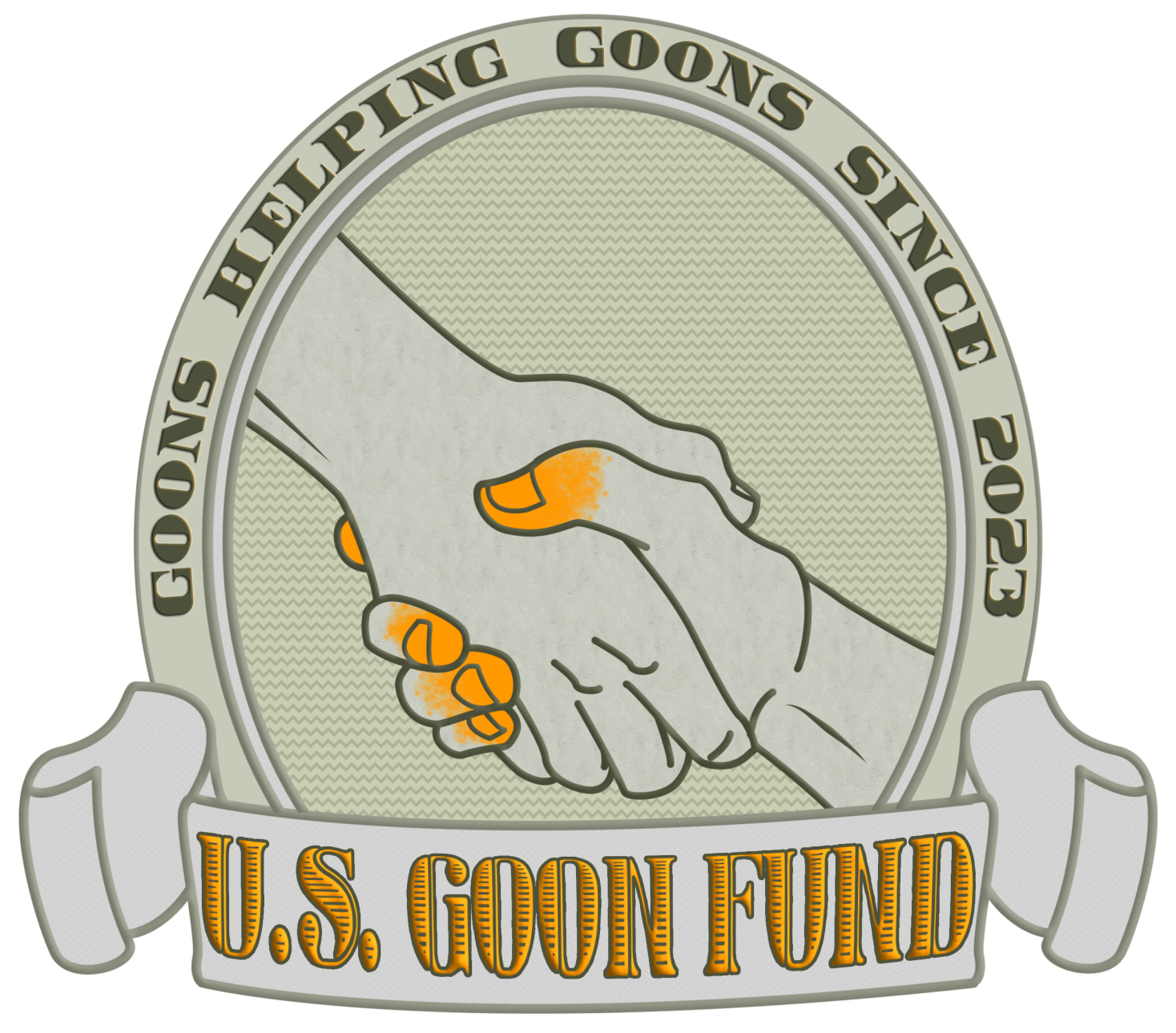 The US Goon Fund logo features two clasped hands, one of which has fingers covered in cheese dust.